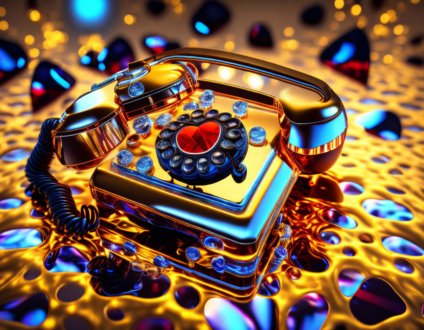 Vintage Rotary Phone with Jewels on Golden Liquid Background