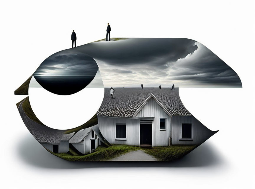 Surreal house and landscape blend with curled paper shape, people on twisted, grassy plains under