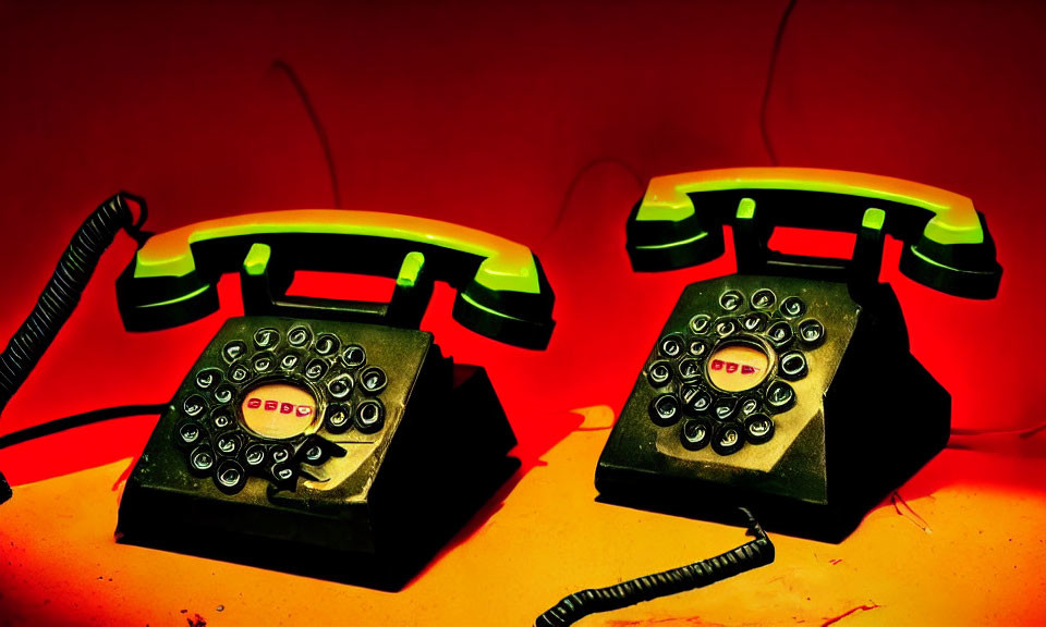 Vintage telephones with rotary dials under red lighting, one handset off the hook