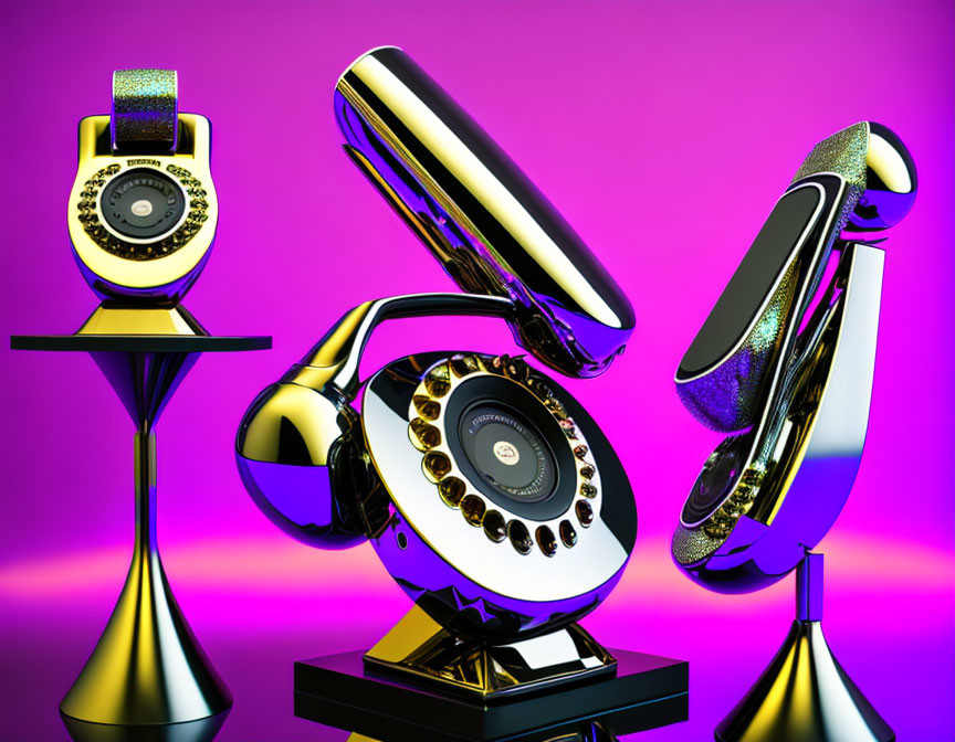 Vintage Rotary Telephones in Gold and Chrome on Purple Background