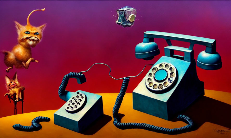 Surreal painting featuring vintage phones, floating coffee cup, and whimsical fox-like creatures on red