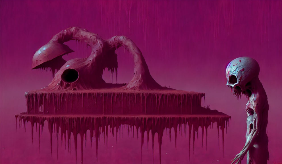 Surreal pink palette: tentacled creature and hollow-headed figure on dripping platform