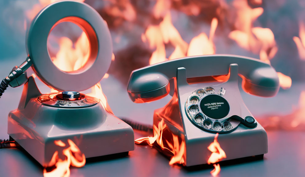 Vintage rotary phone surrounded by flames on red-lit surface