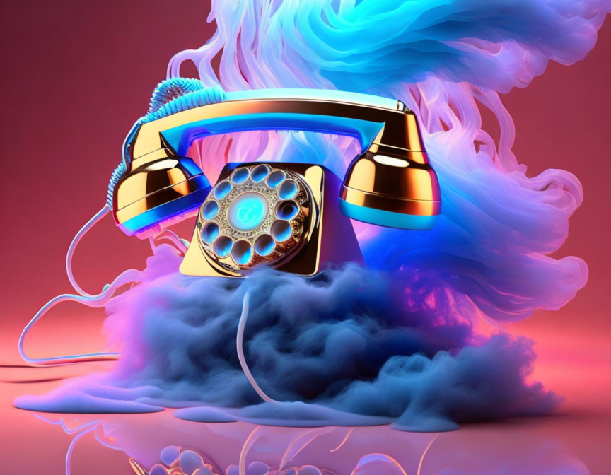 Vintage rotary phone with gold accents on swirling neon cloud.