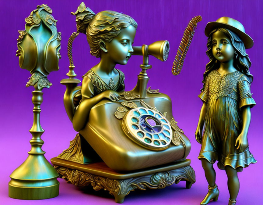 Vintage Bronze Statues of Girls with Old-Fashioned Telephone on Purple Background