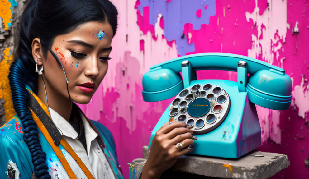 Colorful Painted Woman Holding Retro Turquoise Telephone on Vibrant Splattered Background