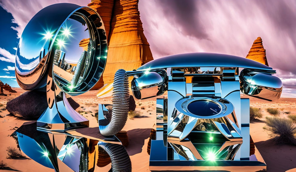 Reflective futuristic desert sculpture under blue skies