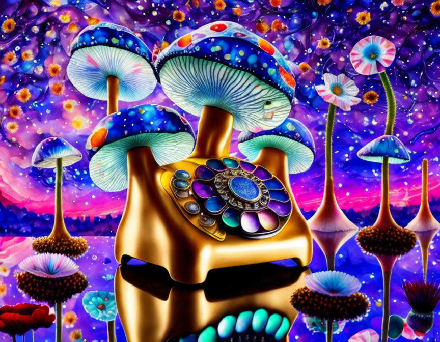 Colorful Psychedelic Art: Gold Figure with Sunglasses, Mushrooms, Starry Sky