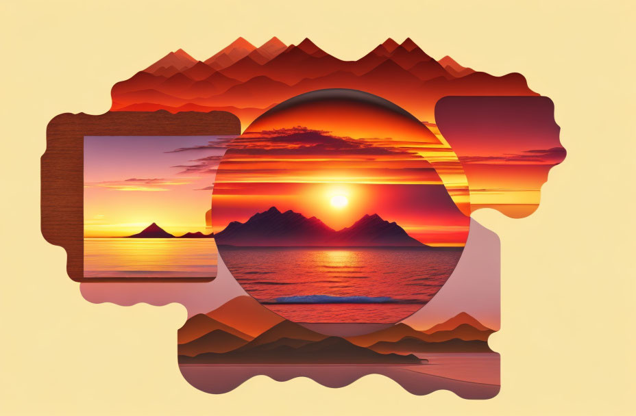 Ocean Sunset in Gear and Circular Segments on Gradient Background
