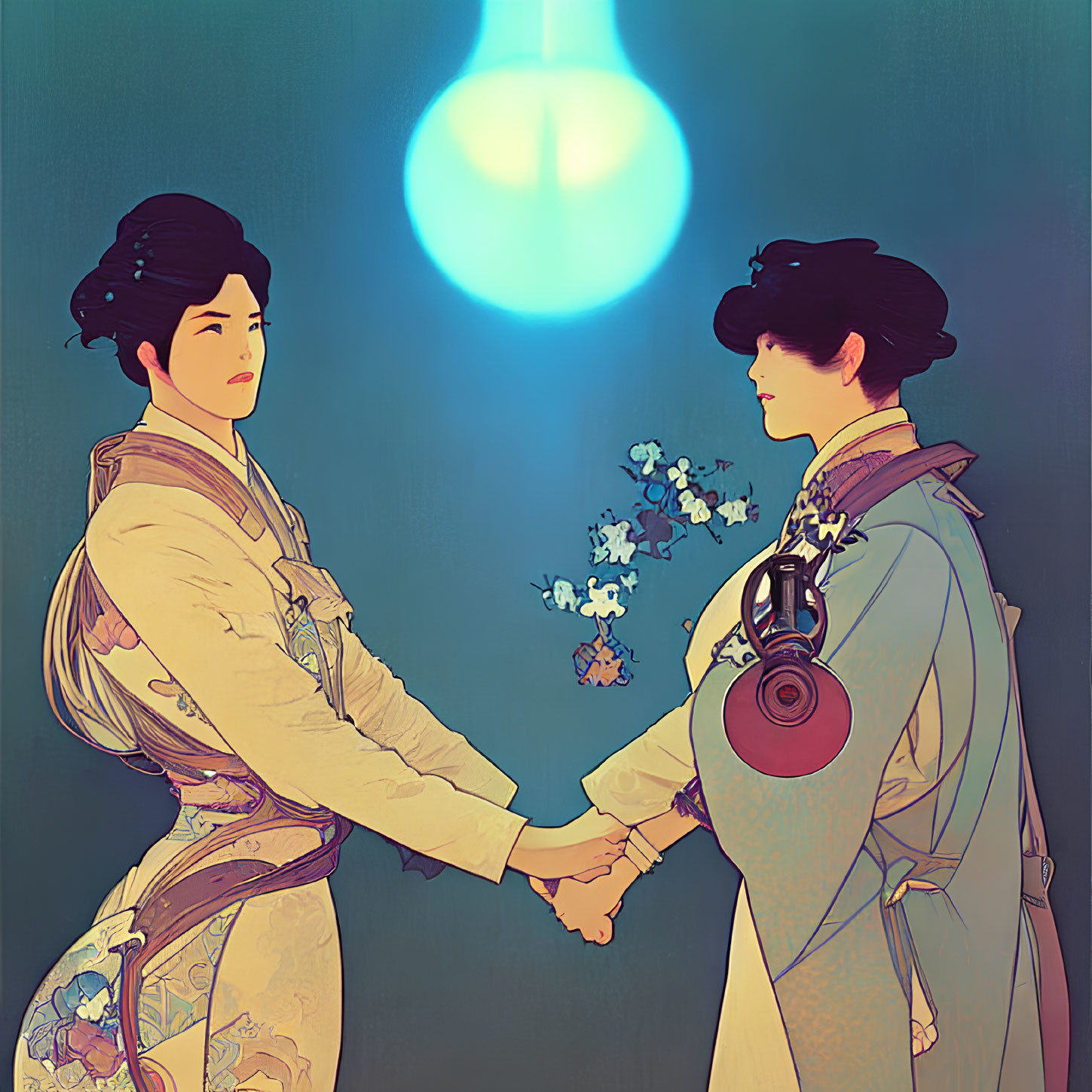 Asian Attire Illustration: Two Figures Holding Hands Under Lightbulb
