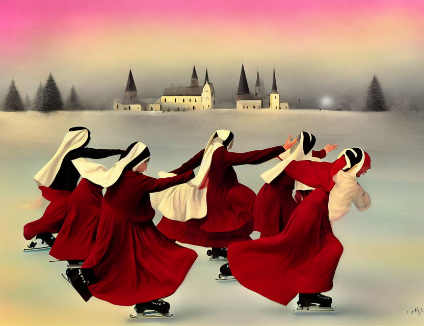 Whimsical painting of nuns ice skating at sunset