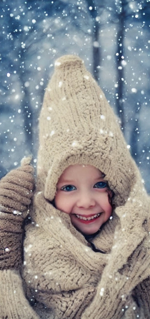 Smiling child in beige hat and scarf in falling snow