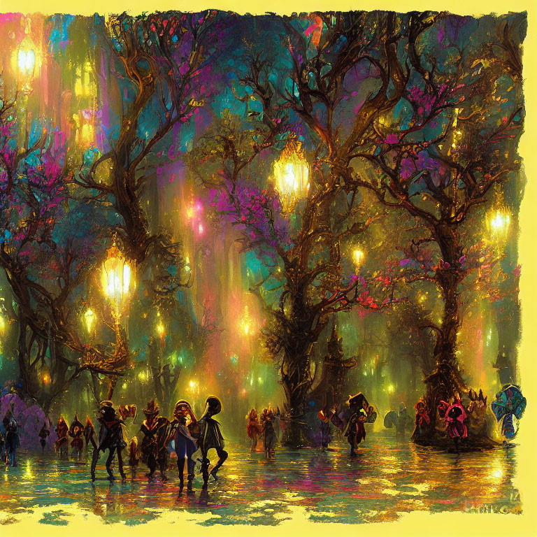 Colorful forest dance under glowing lanterns