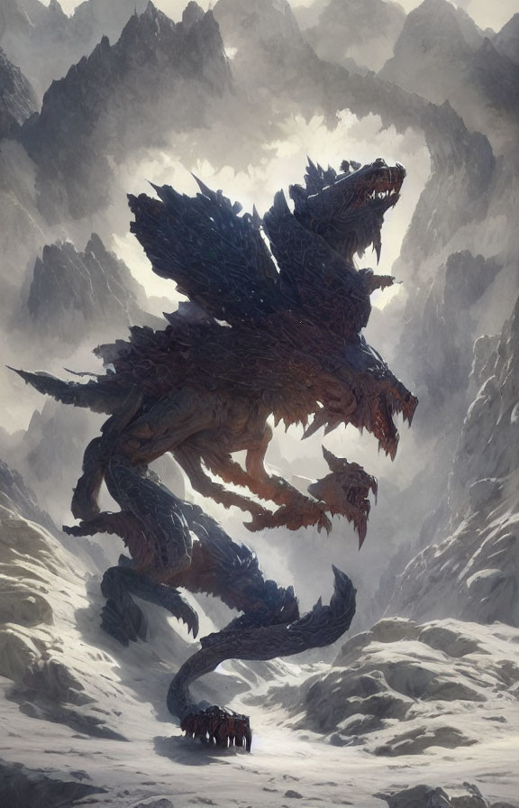 Multi-headed dragon confronts adventurers in snowy mountain pass