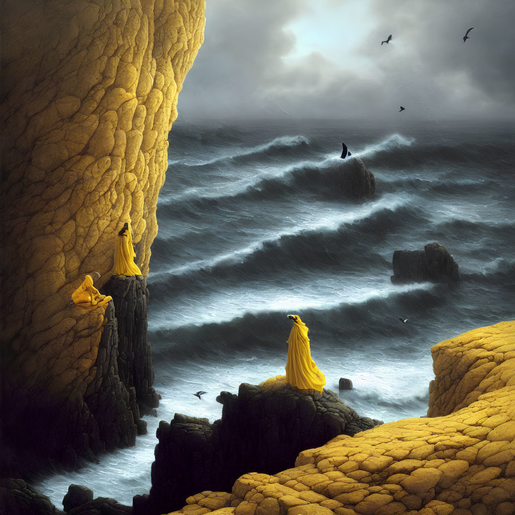 Stormy Seascape with Individuals in Yellow Robes on Cliff Edge