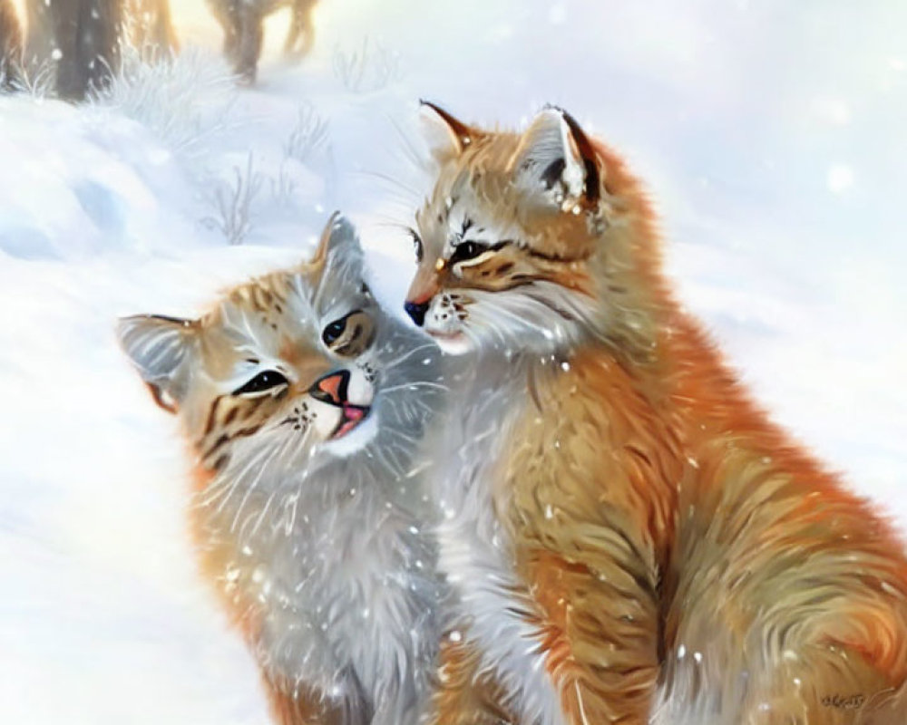 Two Cats Snuggling in Snowy Landscape