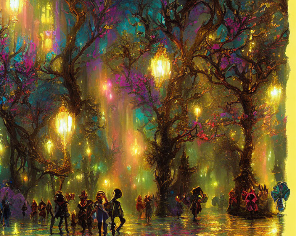 Colorful forest dance under glowing lanterns