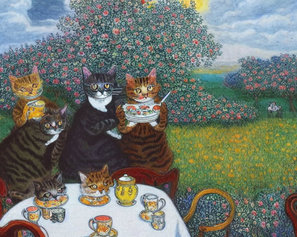 Anthropomorphic Cats Tea Party in Blooming Garden