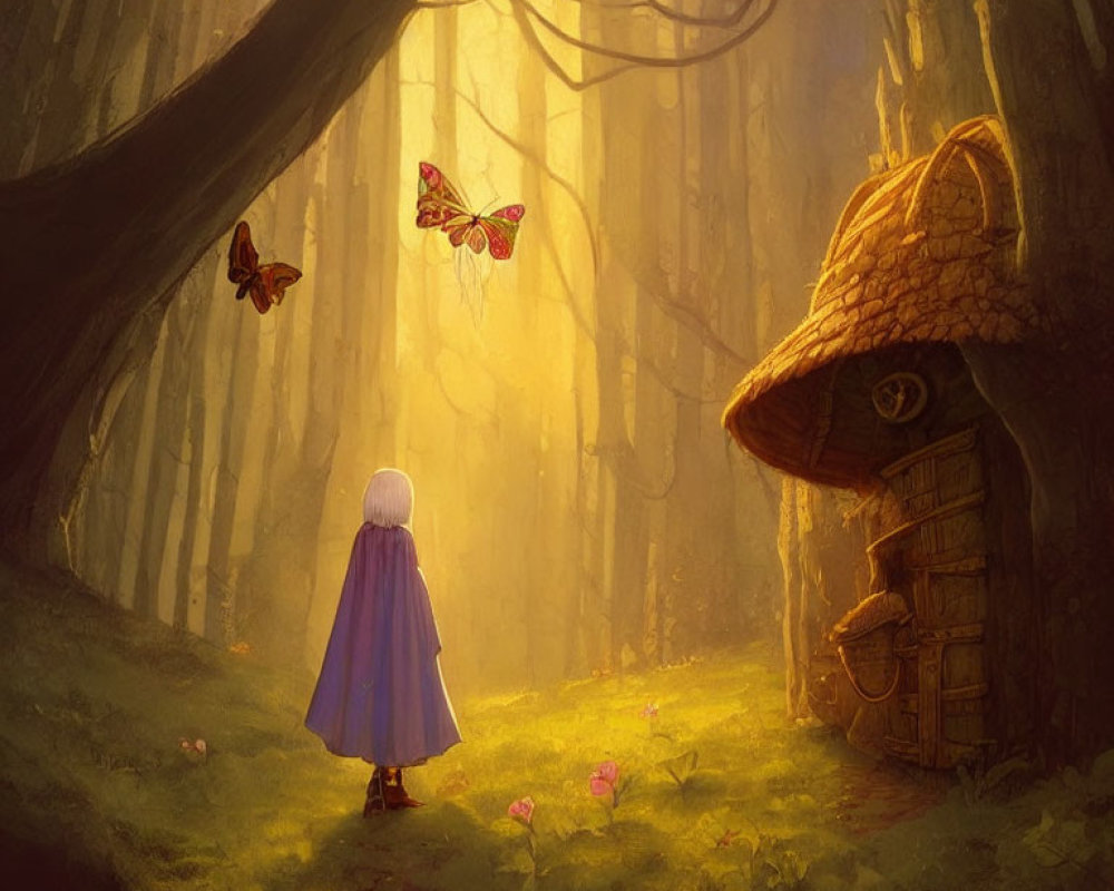 Child in purple cloak in sunlit forest near mushroom-shaped house with butterflies.