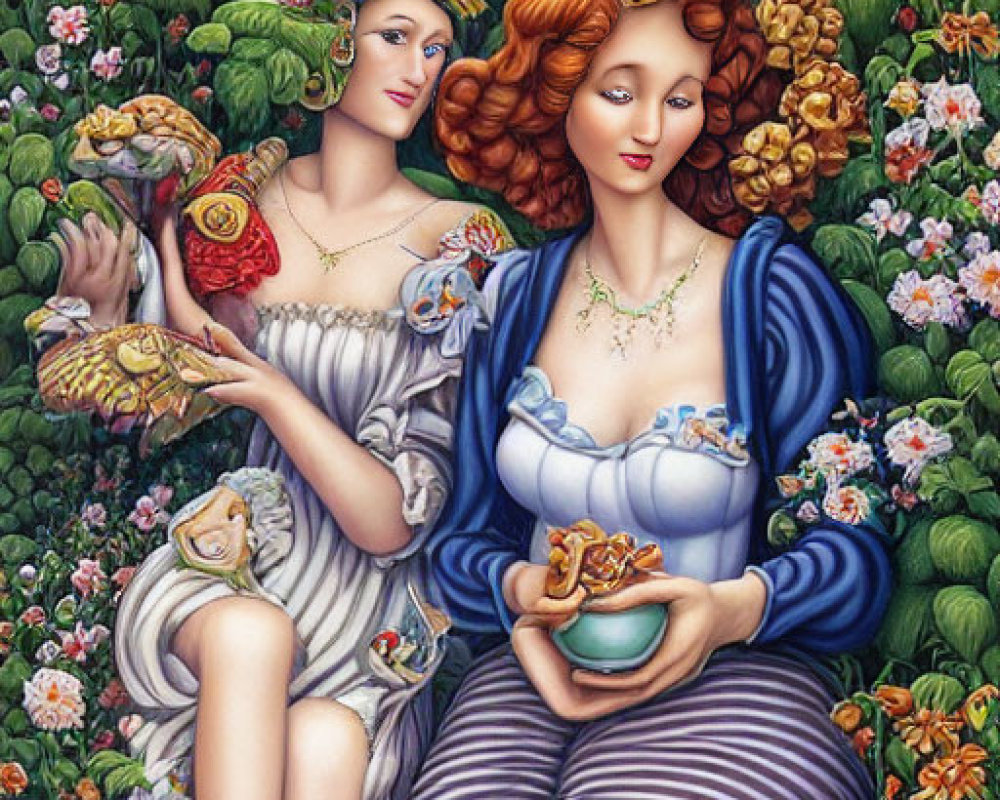 Two women in classical attire with bird and fruits in lush flora.