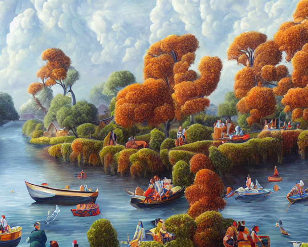 Surreal landscape with rowing boats on river and unique orange trees