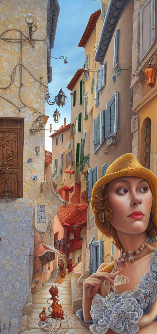 Woman in Yellow Hat Contemplating in Charming Alley