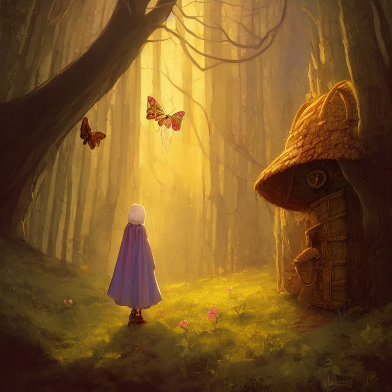 Child in purple cloak in sunlit forest near mushroom-shaped house with butterflies.