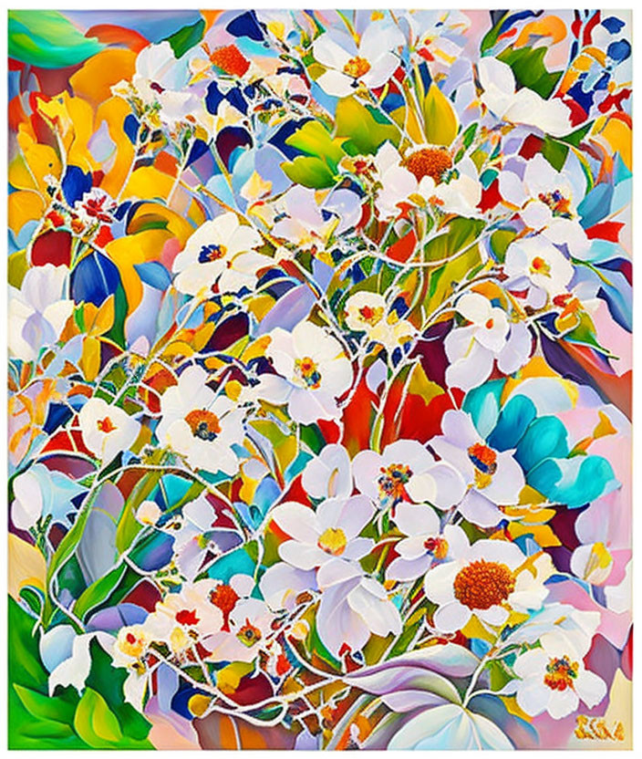 Colorful Flower Painting with White Blooms on Bright Background