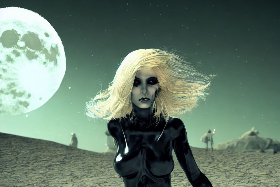 Blonde Figure in Black Suit on Lunar Landscape with Moon and Camels