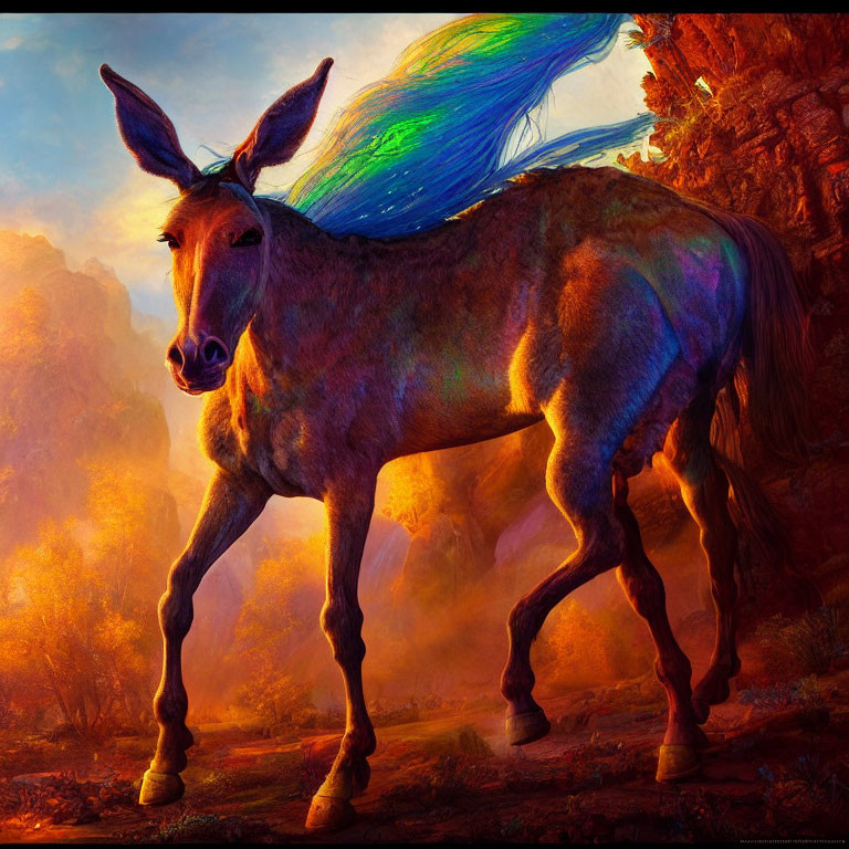 Iridescent fur and peacock-colored mane on fantastical donkey in sunlit canyon