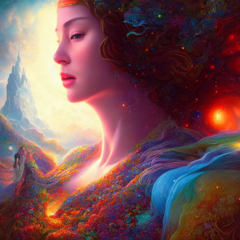Colorful fantasy portrait of a woman with flowing hair in vibrant landscape.