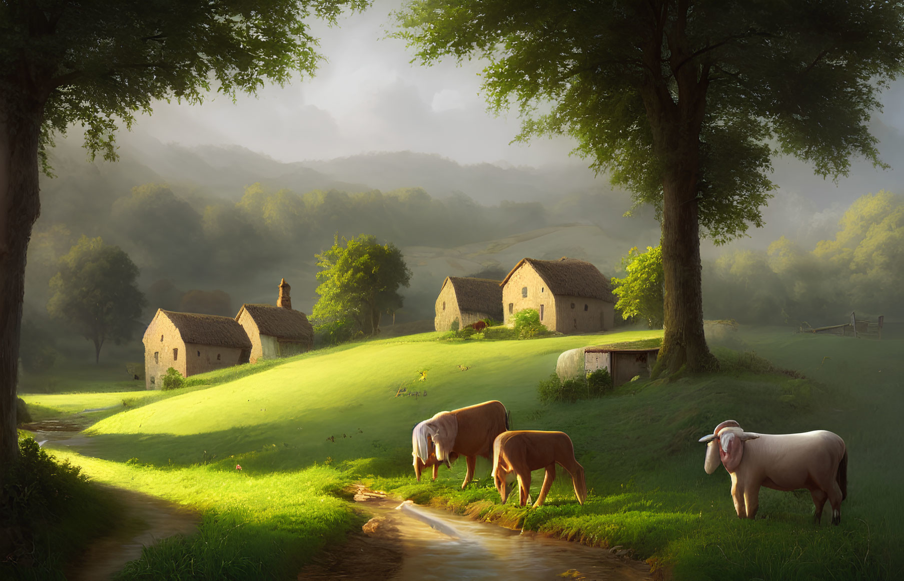 Tranquil rural sunrise scene with grazing cows, stone cottages, and rolling hills