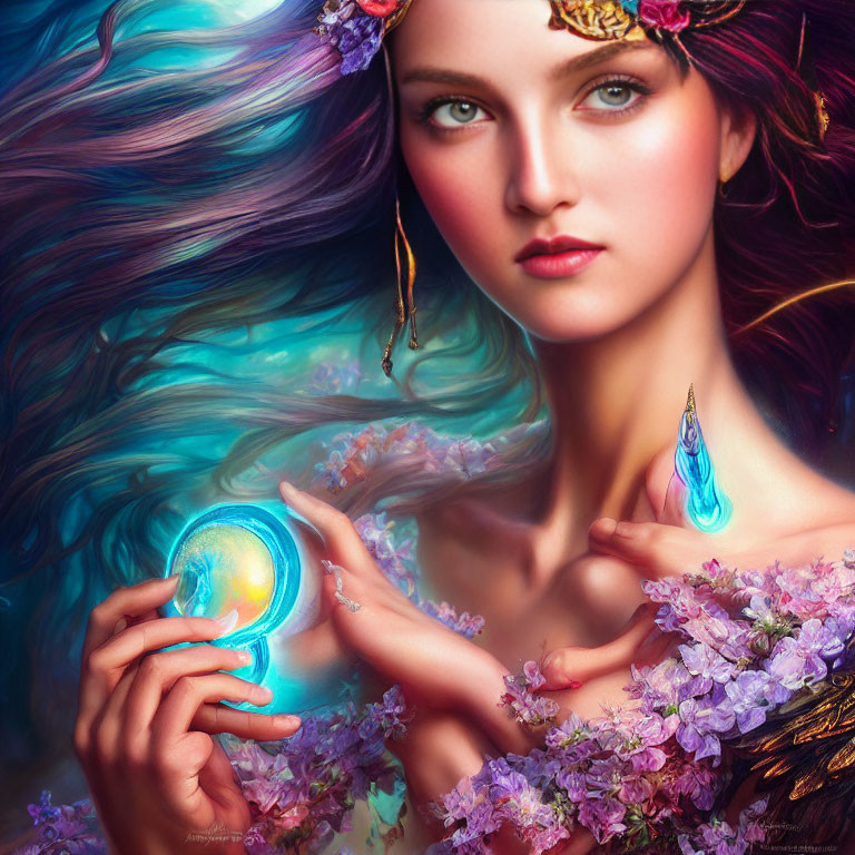 Fantasy illustration of woman with vibrant hair and glowing orb
