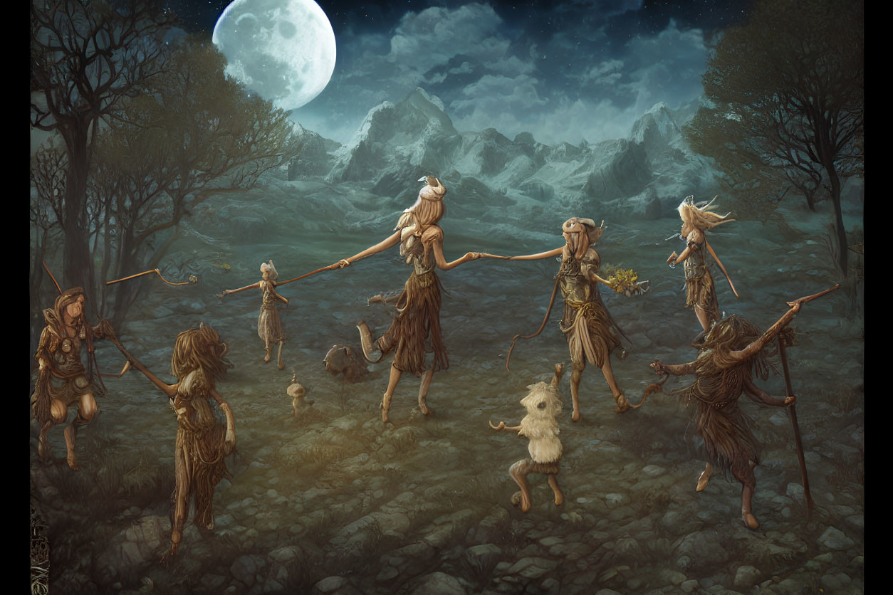 Anthropomorphic creatures with plant features under full moon