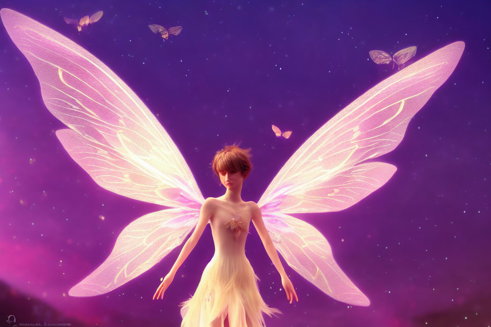 Fantasy illustration of fairy with pink wings in starry sky.