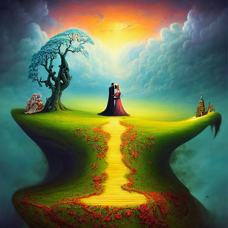 Couple standing on hilltop under vibrant sunset sky with winding path to enchanted castle