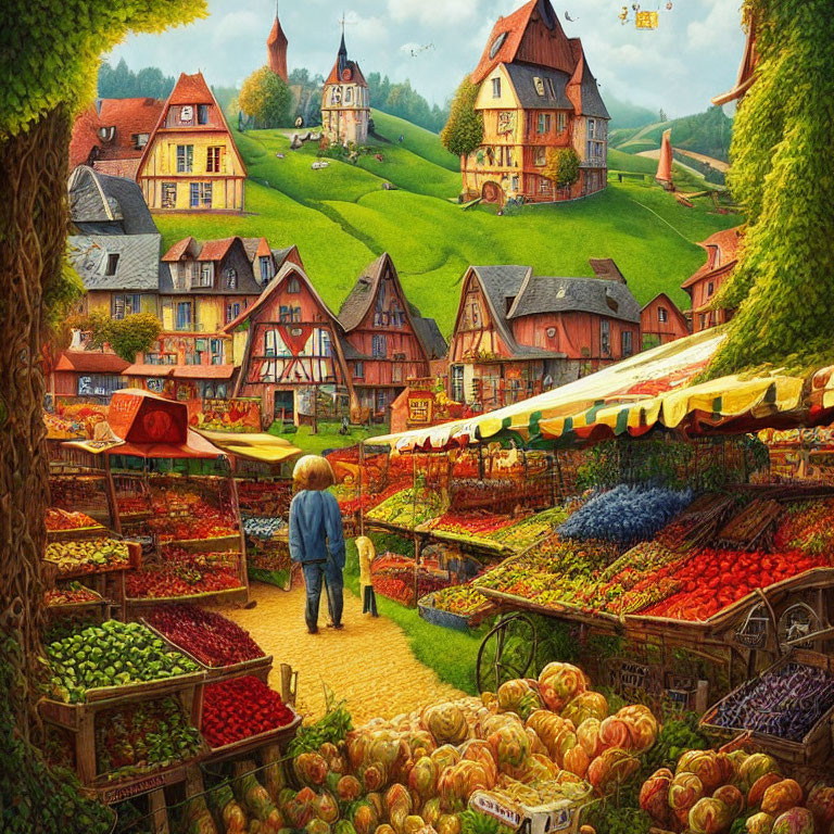 Colorful marketplace with fresh produce, quaint houses, and distant castle on a sunny day