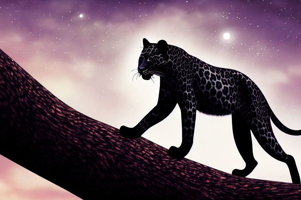 Leopard silhouette on tree branch under purple starry sky