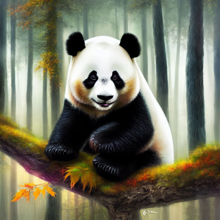 Panda on tree branch in misty autumn forest