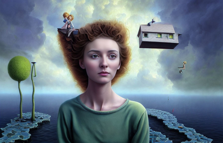 Surreal portrait featuring scenes on woman's hair: cliff, floating house, levitating man,