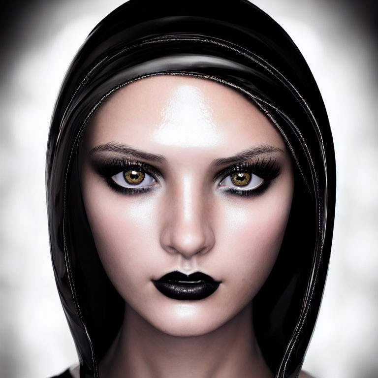Digital artwork: Woman with dark makeup, intense gaze, black lips, headscarf on grey backdrop