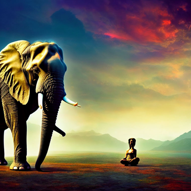 Elephant and person meditating under vibrant sunset sky