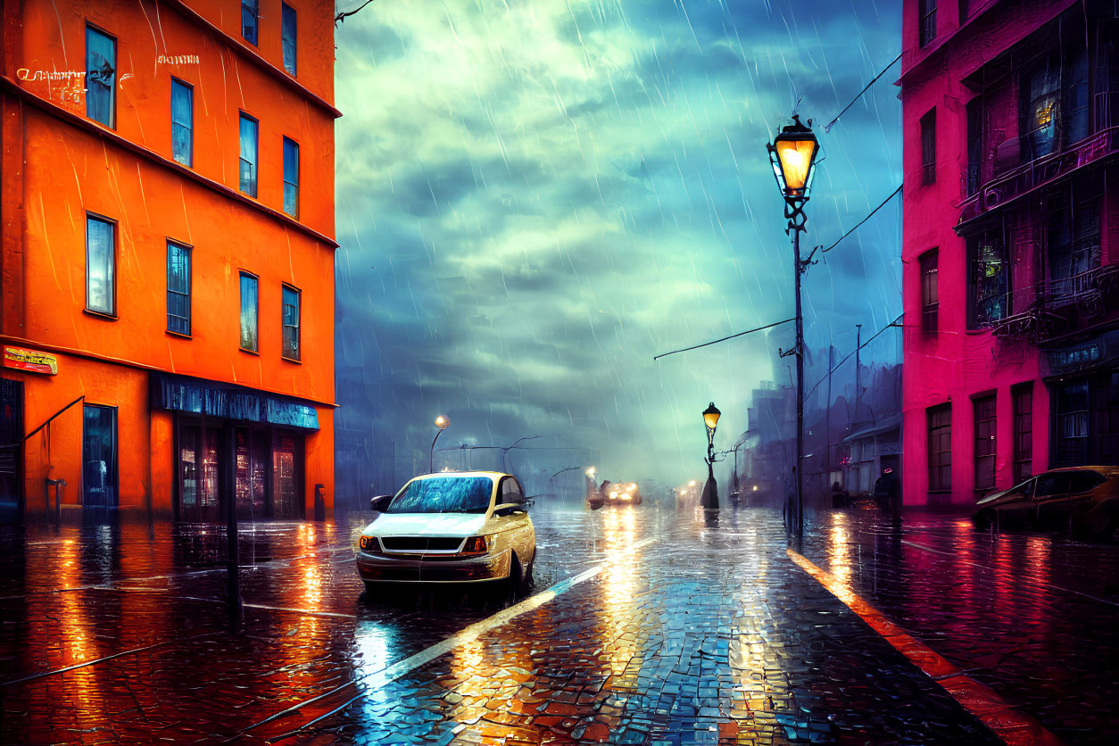 Dusk scene of rain-soaked cobblestone street with glowing streetlights and car headlights reflecting.