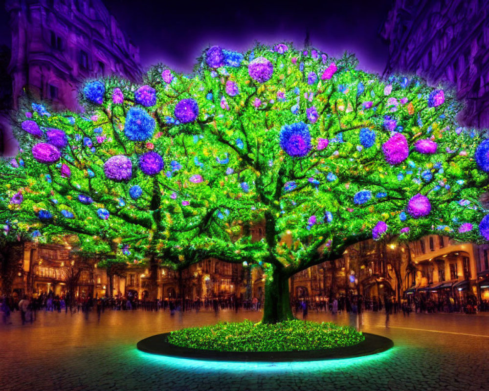 Vibrant spherical lights on illuminated tree in night cityscape