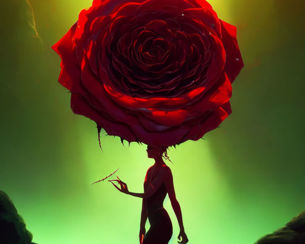 Silhouette holding giant red rose on mystical background