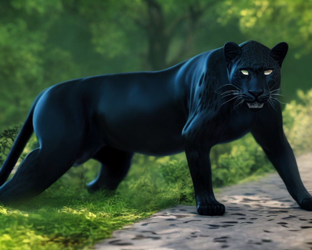 Black panther gracefully stalking in sunlit forest
