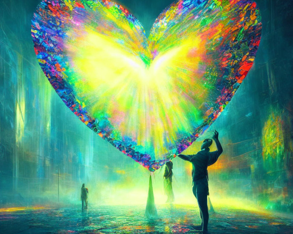 Colorful Heart Hovering Above Figure in Ethereal Space