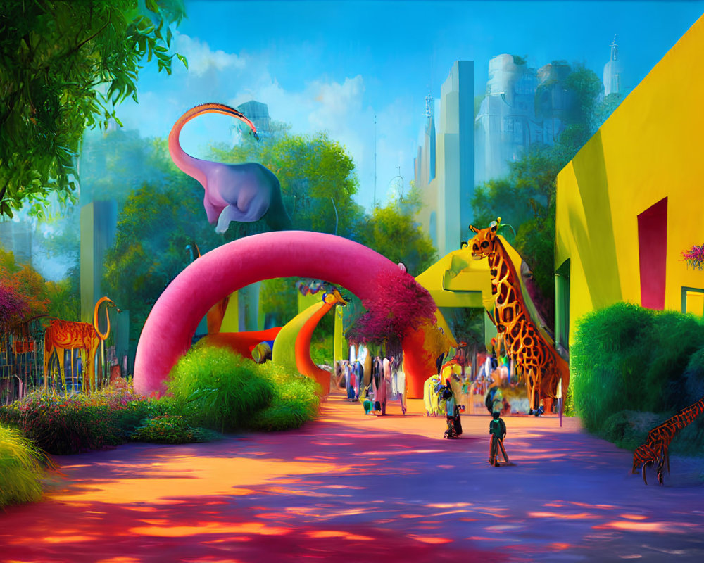 Colorful street scene with oversized animals and city skyscrapers