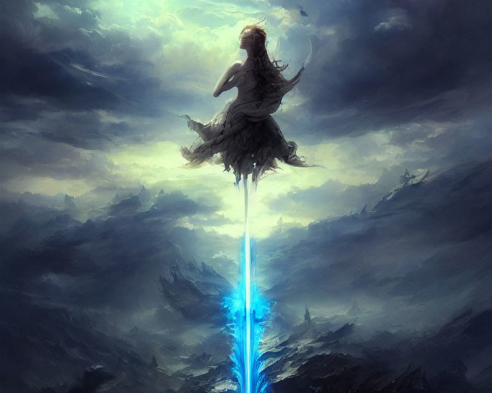 Woman in flowing dress on glowing blue sword in stormy skies