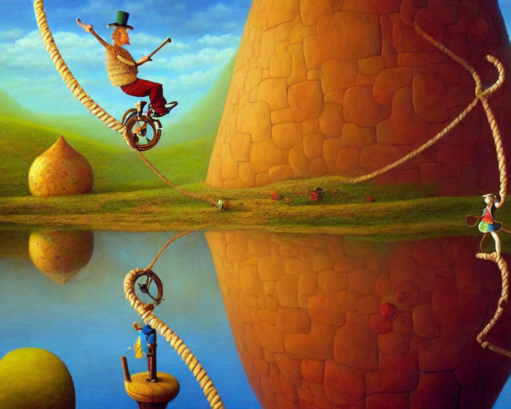 Whimsical painting of person cycling above water and surreal towers